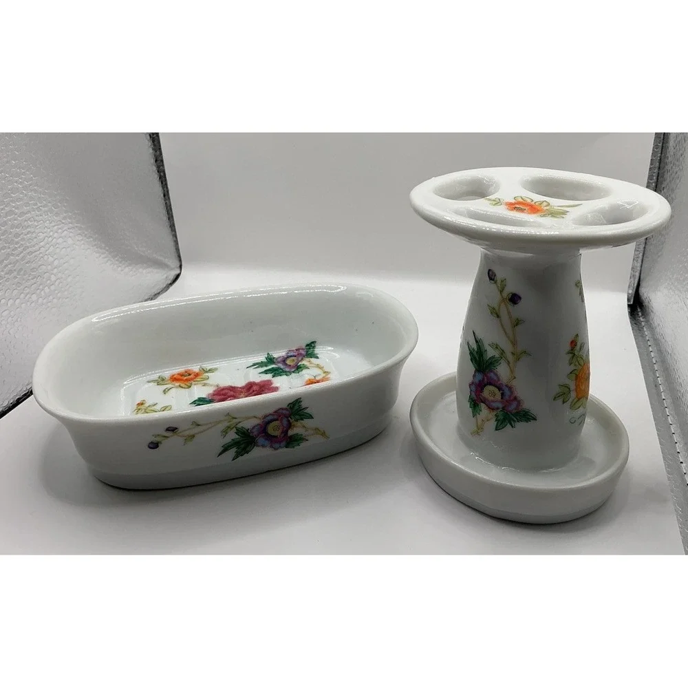 vintage Takahashi Porcelain 2 Piece Floral Soap Dish & Toothbrush Holder Japan